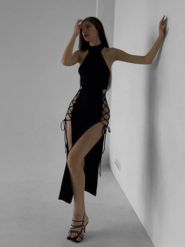 Hohe Split Sexy Verband Frauen Kleider Y2K Mall Gothic Halter Schlank Midi Kleid Schwarz Grunge Stil Alt party