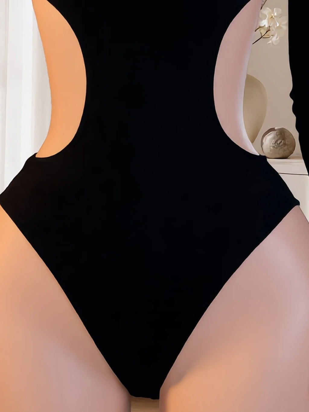 Women One Shoulder Long Sleeve Bodysuit Backless Double Waist Hollow Out Slim Sexy Lingerie Nightwear For Dating, Fit 88-132 Lbs