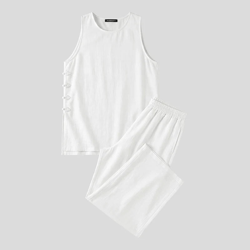 INCERUN Men's Sets Solid Vintage Streetwear Loose Sleeveless Tank Tops Pants Two Piece Sets 2026 Summer Casual Men Matching Sets