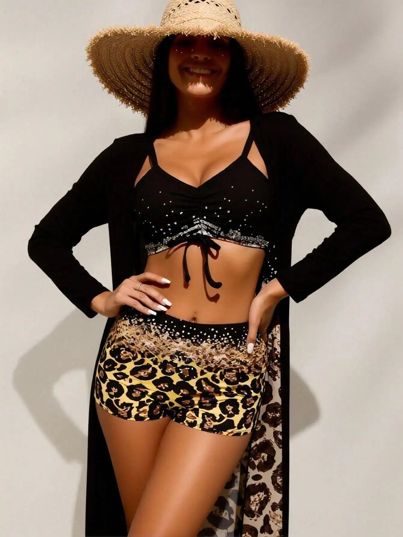 Women's Black Rhinestone Bikini Top & Leopard Print Shorts With Long Black Cover Up