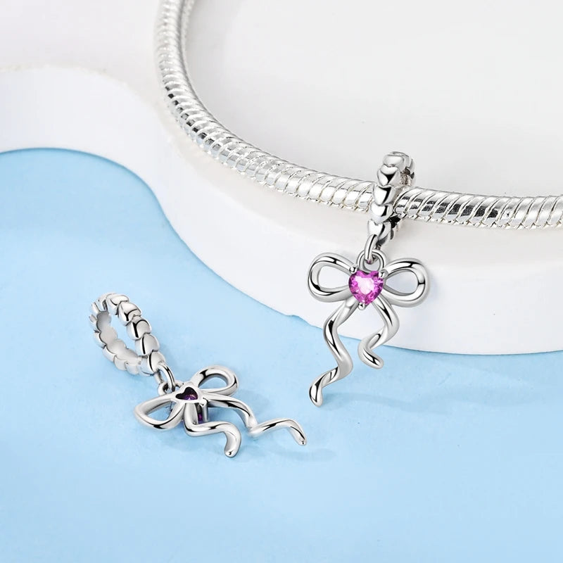 Silver Bow Charms 925 Sterling Silver Pink Heart-shaped Bow Pendants Charms Beads Fit Original S925 Bangle Bracelets DIY Jewelry