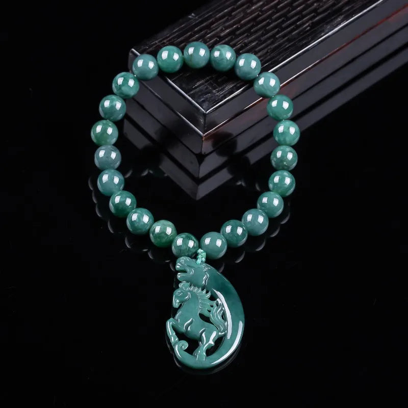 Natural Jadeite Blue Water Zodiac Horse Beads Hand Knitting Bracelet Luxury Jewelry Fashion Jewelry Charms Gift Certificate