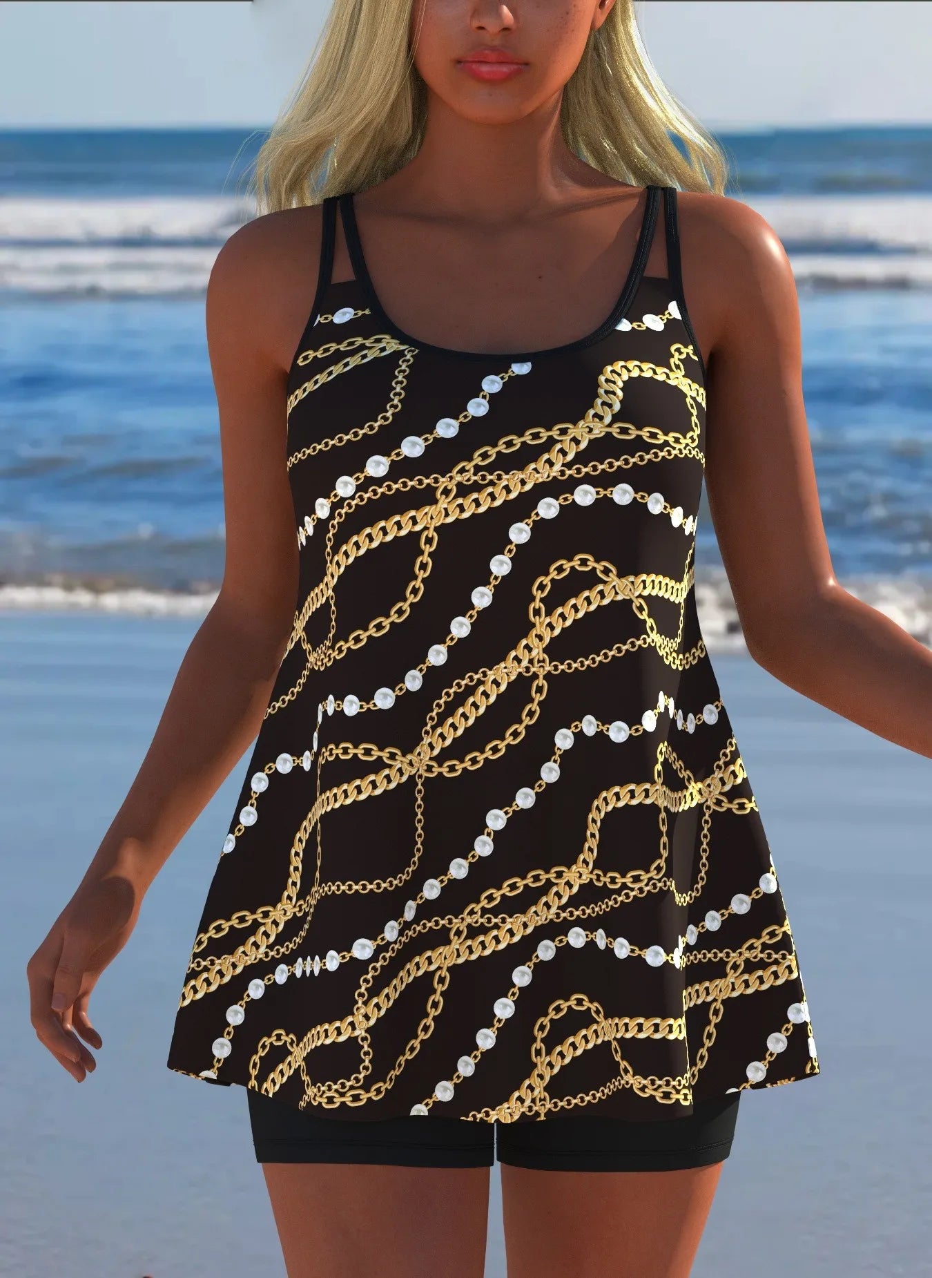 Black White Print Tankini Sleeveless Flared Hem Tankini Top High Stretch Swim Tank Gradient Adjustable Straps Two Piece Swim Top