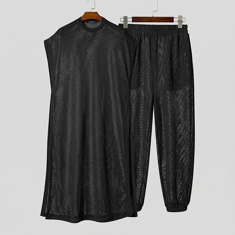INCERUN Men Sets Mesh See Through Sleeveless Irregular Vests Pants Two Piece Sets Streetwear Sexy 2026 Fashion Men Matching Sets