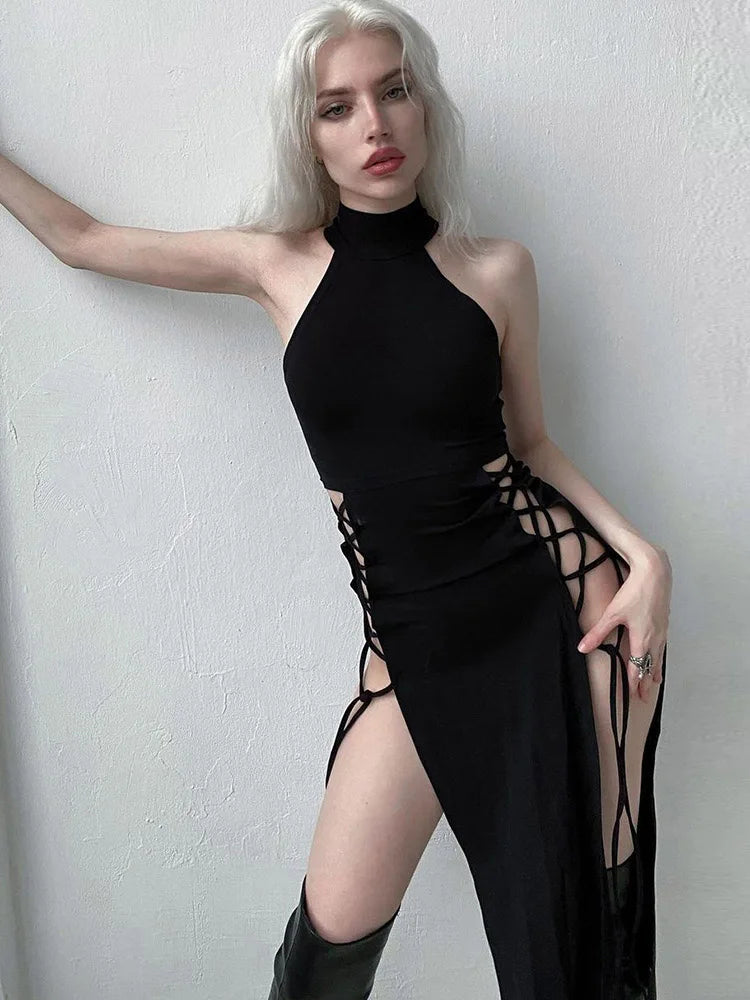Hohe Split Sexy Verband Frauen Kleider Y2K Mall Gothic Halter Schlank Midi Kleid Schwarz Grunge Stil Alt party