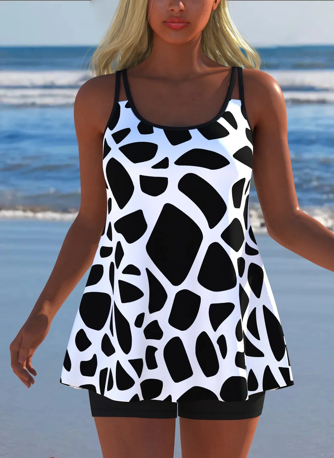 Black White Print Tankini Sleeveless Flared Hem Tankini Top High Stretch Swim Tank Gradient Adjustable Straps Two Piece Swim Top