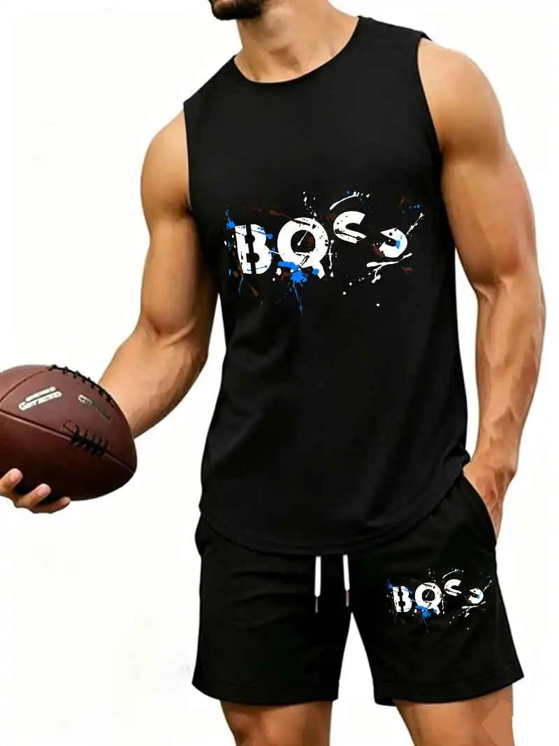 Men's  Graffiti Letter Print 2-Piece Tracksuit, Sleeveless Muscle Tank Top with Drawstring Shorts, Casual Urban Sportswear