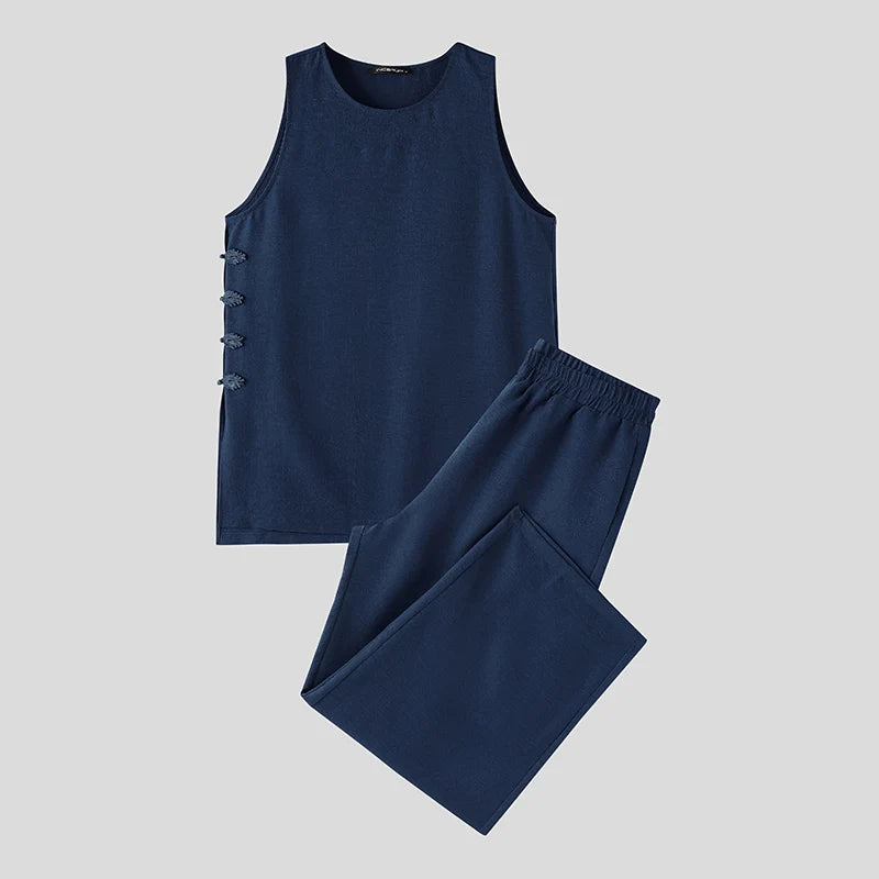 INCERUN Men's Sets Solid Vintage Streetwear Loose Sleeveless Tank Tops Pants Two Piece Sets 2026 Summer Casual Men Matching Sets