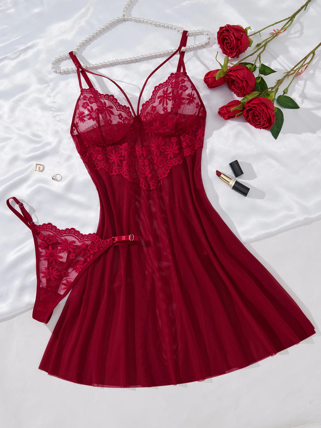 Wine Red Floral Lace Babydoll Set Women Double Strap Sheer Mesh Night Dress With Thong Romantic Ladies Sleepwear ZA825096