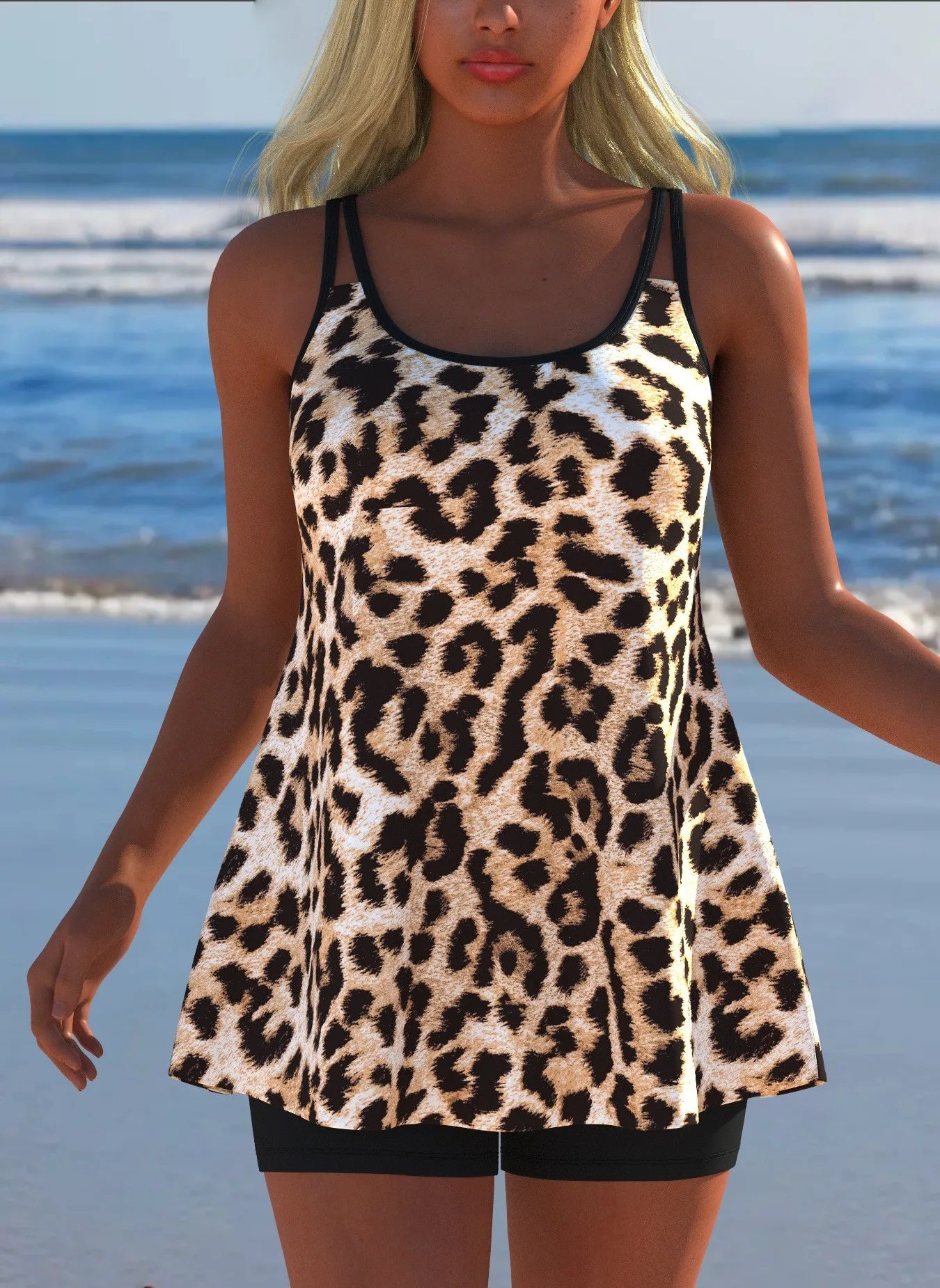 Black White Print Tankini Sleeveless Flared Hem Tankini Top High Stretch Swim Tank Gradient Adjustable Straps Two Piece Swim Top