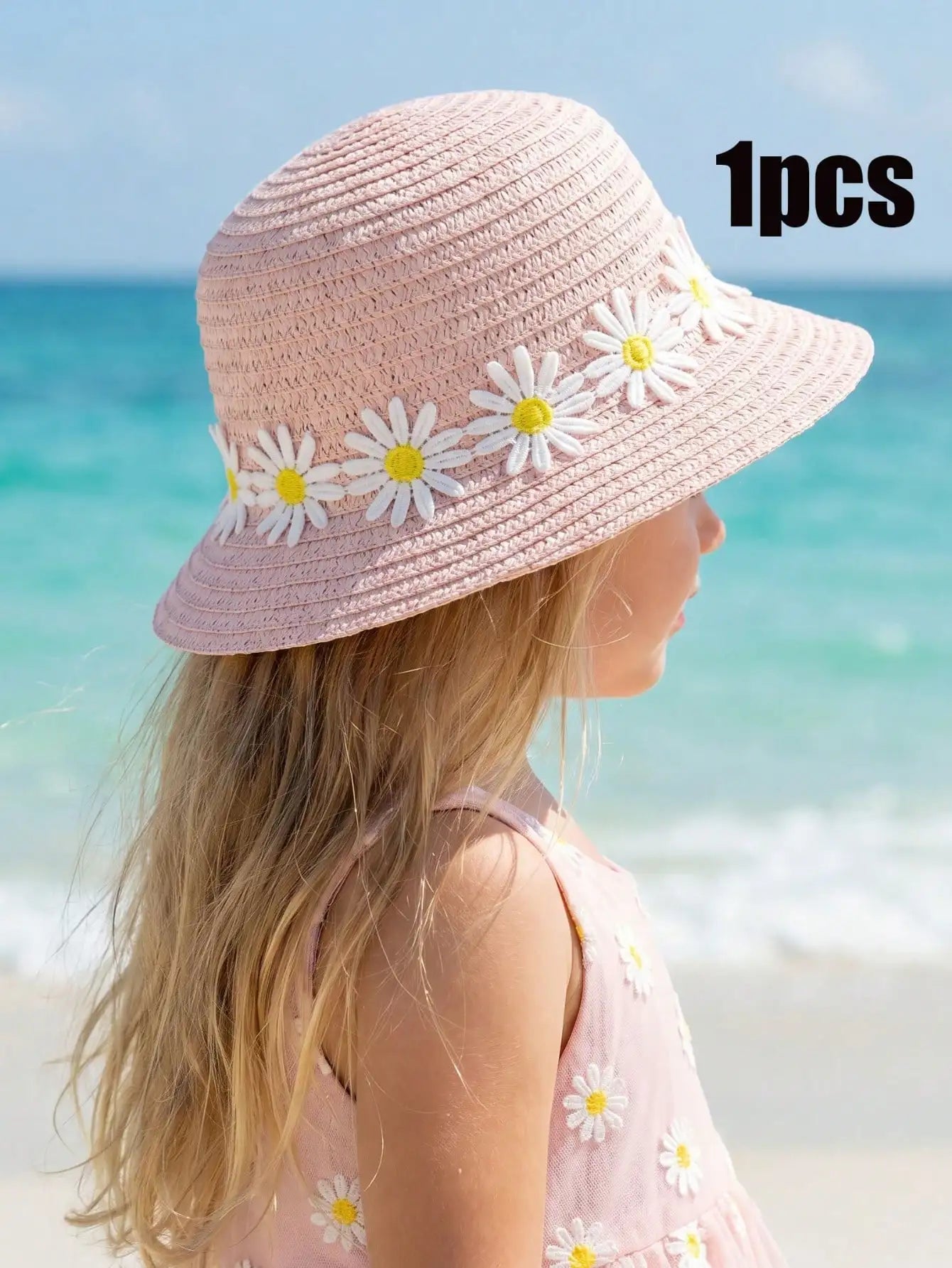1Pc 1-5Y Girls Pink Straw Hat With Daisy Pattern Breathable Sun Hat For Beach Outdoor Sports Holiday Casual Daily Wear