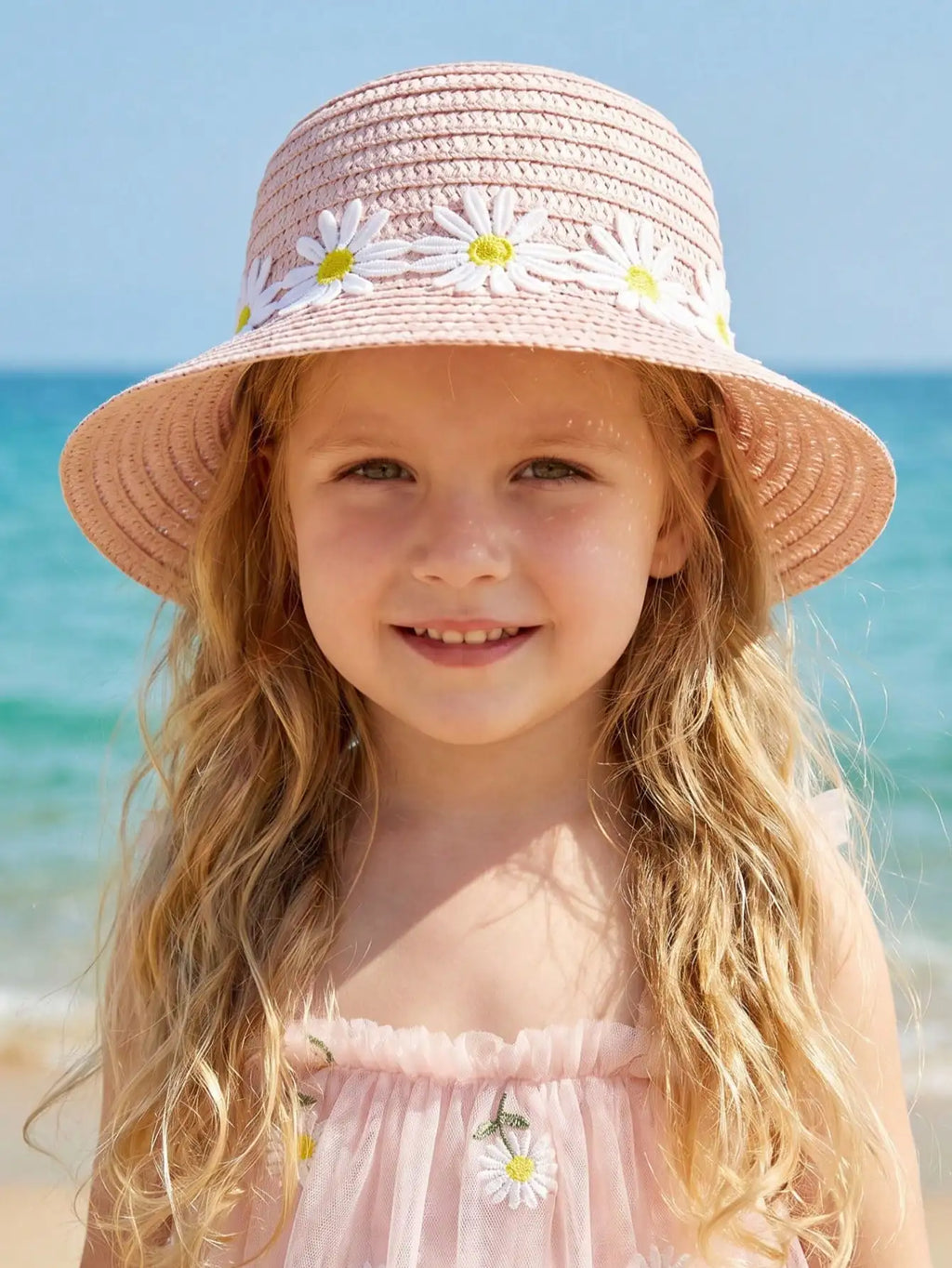 1Pc 1-5Y Girls Pink Straw Hat With Daisy Pattern Breathable Sun Hat For Beach Outdoor Sports Holiday Casual Daily Wear